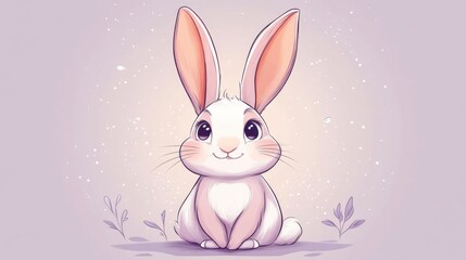 Obraz premium Cute cartoon bunny character sitting calmly with large ears and a cheerful expression in pastel background
