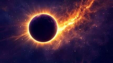 Solar eclipse with intense golden corona ring, deep purple cosmic background, radiant light beams, scattered stars, minimalist celestial design, ethereal glow effect, ultra-high definition astronomy
