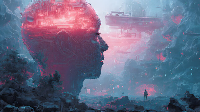 Cybernetic bust gazing over a futuristic landscape with a lone figure standing below.