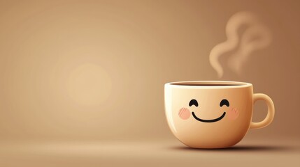 Happy Coffee Cup with Smile and Steam on a Soft Brown Background for Positive Morning Vibes and Joyful Moments