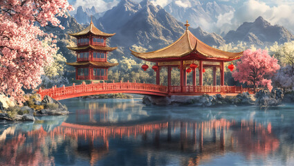 Obraz premium Chinese Traditional Pavilion and Tower with Red Bridge over Serene Lake
