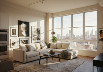 Fototapeta premium Living room: Cozy couch facing modern TV, surrounded by warm lighting and stylish decor.