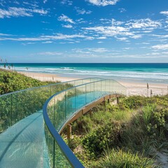 Obraz premium glass footbridge linking lush green dunes to a tranquil beach, under a bright blue sky with gentle waves, creating a peaceful and idyllic coastal landscape