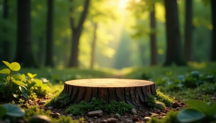 Naklejka premium Glowing tree stump podium, dappled sunlight, lush forest, leaves, rays
