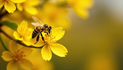 Golden acacia blossoms, busy honeybee collecting pollen , close-up, blossom, insect photography