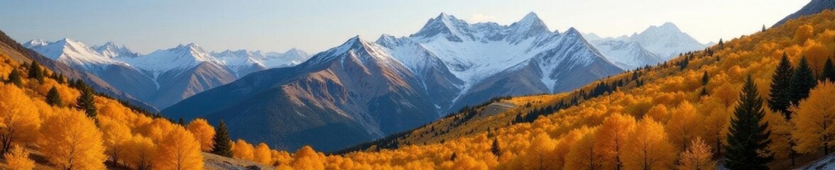 Fototapeta premium Golden aspen leaves blanket mountain slopes, crisp air , serene, image, brown
