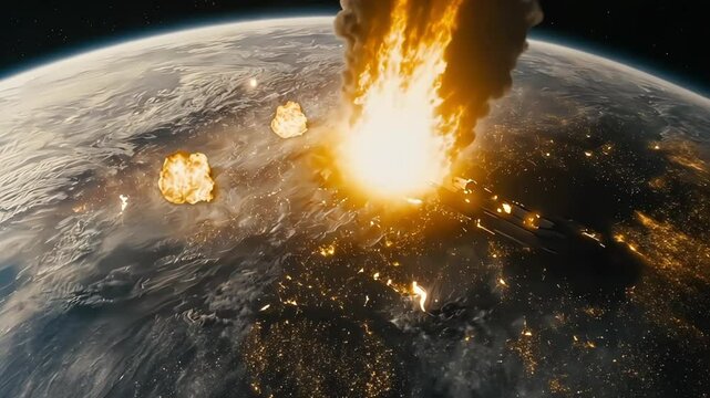 Massive asteroid impact striking Earth with fiery explosion space disaster concept