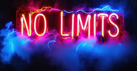 Chunky glowing no limits in red and blue neon mounted on steel plates with energy trails bolts and flickering mist