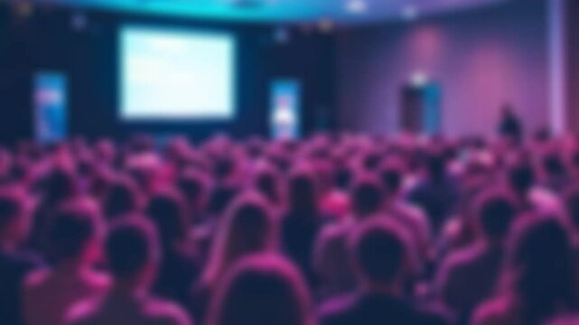 Blurred conference hall, large audience listening to presentation (1)