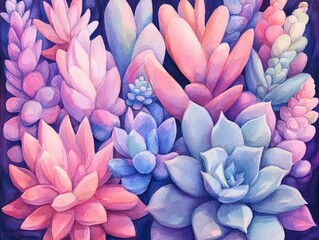 Obraz premium Colorful Succulent Garden A vibrant watercolor artwork of assorted succulents in purple pink and blue hues