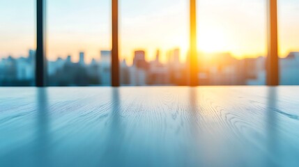 Fototapeta premium A serene view of a sun setting over a city skyline, seen through large windows with a focus on a smooth wooden table in the foreground.