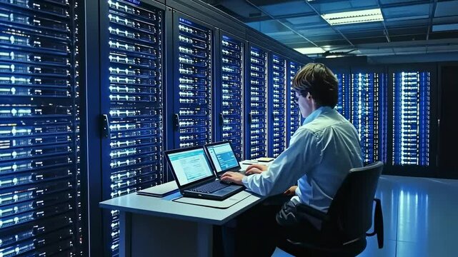 Night Shift: IT Specialist Working in a Modern Data Center
