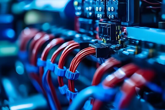 Close-up of vehicle electronic wiring and control systems, highlighting complex circuitry and connections,


