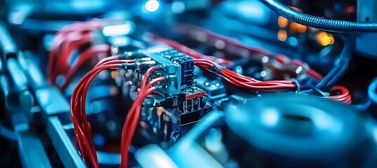 Automotive electronic wiring and control system close-up—ideal for showcasing advanced vehicle technology, engineering precision, and smart mobility solutions
