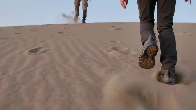 Hikers trudge through a sandy expanse, leaving footprints in the shifting terrain on a sunny day, enjoying the desert landscape.
