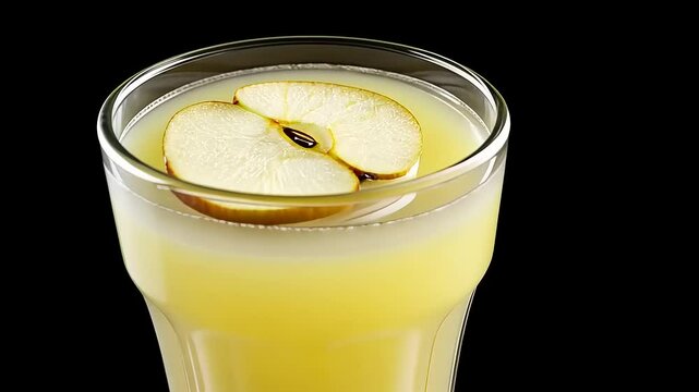 Glass of light yellow apple smoothie with apple slices.