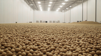 Worried Farmer Stands Amidst Unsold Soybean Field, Expressing Anxiety Over Tariff-Induced Market Stagnation, Amidst Overflowing Storage Facilities. 