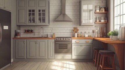 Fototapeta premium Rustic, light-filled kitchen with gray cabinets.