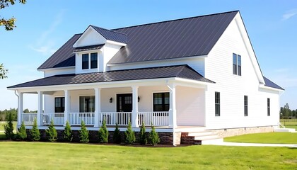 Picturesque modern farmhouse with spacious porch and manicured lawn under a blue sky