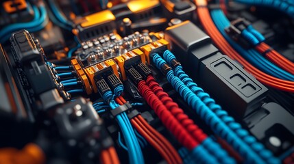 Colorful wiring harnesses in a car engine symbolize connectivity and efficiency,


