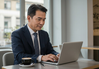 Man in suit at table with laptop.