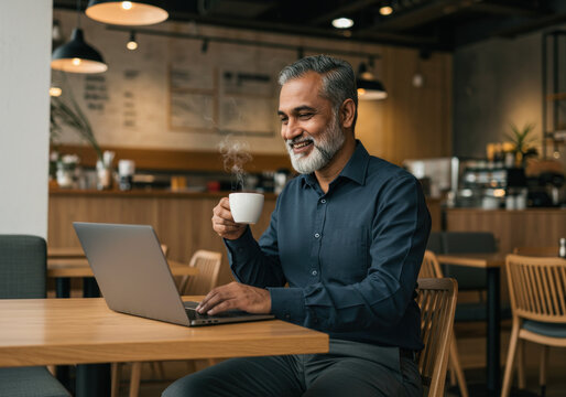 Man at table with laptop, sipping coffee.