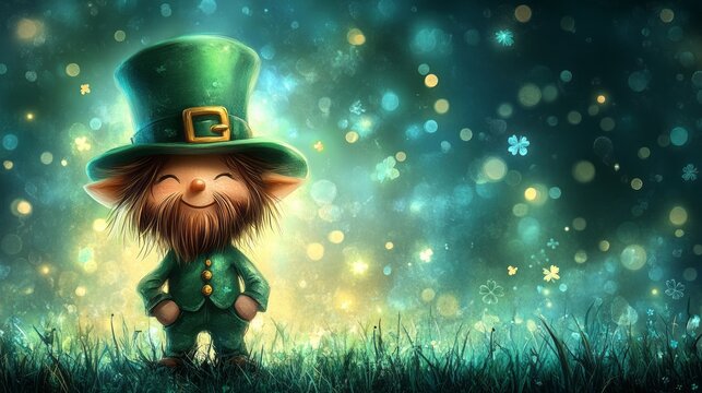 A happy leprechaun stands in a magical field smiling