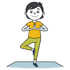 Asian boy in tree pose on yoga mat. Flat color cartoon character design