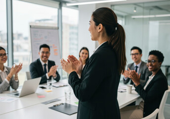 Fototapeta premium Woman in business suit clapping at meeting table.
