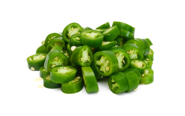Fresh green cut chili pepper pieces on a white background