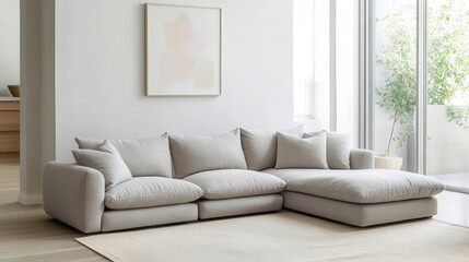 Modern living room featuring cozy sectional sofa with natural light