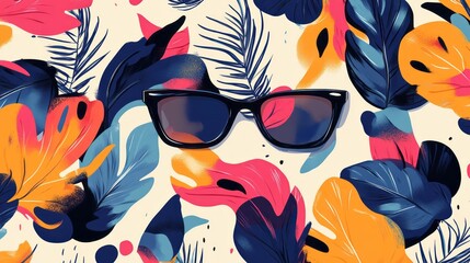 Obraz premium Sunglasses are displayed on a background of tropical leaves