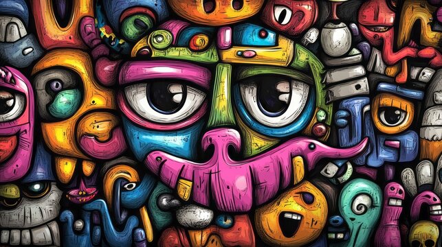 Colorful cartoon doodle art featuring many diverse and funky characters