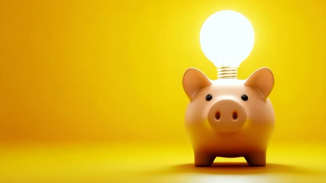 A pink piggy bank with a glowing light bulb on top, set against a bright yellow background, symbolizes savings and financial ideas.