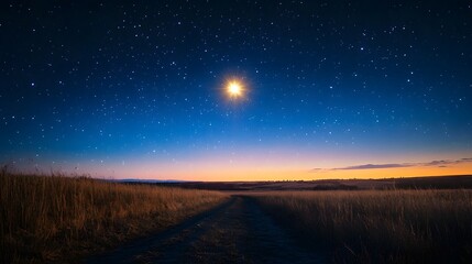 A single glowing star in the night sky shining brightly over a tranquil landscape filled with promise