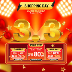 3.3 Shopping Day Banner Template design special offer discount. Special Sale banner template. 3.3 3D Mega sale banner template design for web or social media. Eps10 vector illustration.