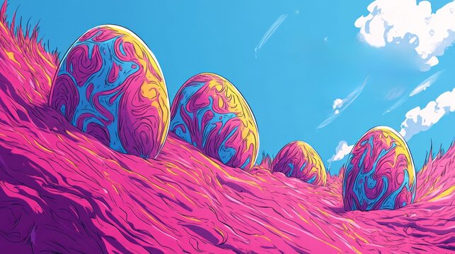 Cartoon landscape shows large psychedelic eggs among pink grassy hills