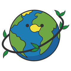 Globe Cartoon with Vines and Leaves Icon Flat Design Isolated on White Background