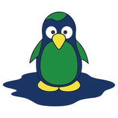 Cartoon Penguin with Yellow Beak and Feet Standing on Dark Blue Liquid