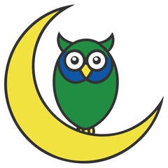 Cartoon Green Owl on Crescent Moon With Yellow Color and White Background