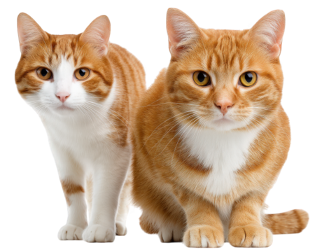 Two adorable orange tabby cats with distinct markings are sitting closely together, showcasing their playful and curious nature. Their bright eyes and soft fur add to their charm, making them