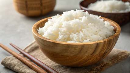 Cooked White Rice in Wooden Bowl with Chopsticks on Beige Cloth Napkin, Highlighting Staple Cuisine Simplicity and Cozy Dining Experience, Perfect for Minimalist Food Photography Themes