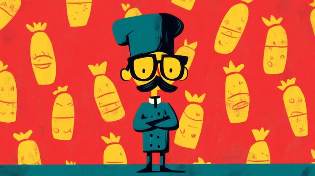 Cartoon chef with mustache and glasses stands before food pattern