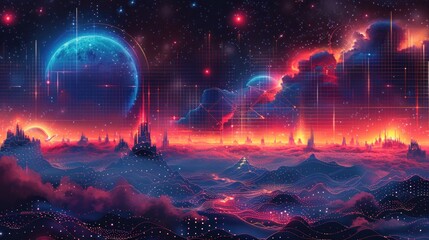 Digital artwork of a vibrant alien landscape with glowing cities, nebulae, and celestial bodies.  