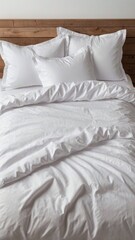 Obraz premium Snow-white bed linen is neatly laid out on two pillows lying on top of a duvet on a white background. Front view close-up photo. Suitable for mockups.