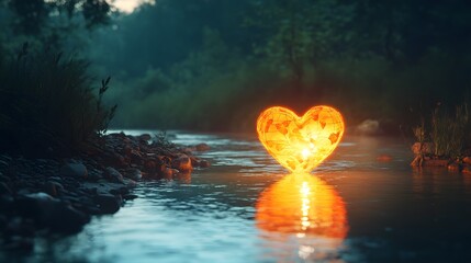 A glowing lantern shaped like a heart floating down a river surrounded by nature at dusk