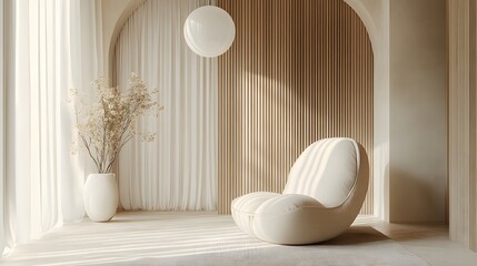Japandi-inspired interior with lounge chair and arched stucco wall—perfect for home design brands, decor mockups, and minimalist lifestyle visuals
