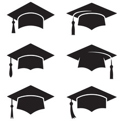 set of vector graduation hat with diploma, Education cap, Graduation student black cap with academic degree certificate silhouettes