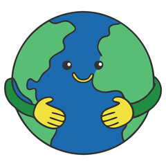 Happy Earth Cartoon Globe Hugging with Arms and Smiling on a White Background
