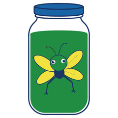 Cartoon Firefly Insect with Yellow Wings inside Green Glass Jar Design